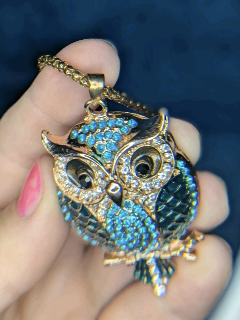Jeweled Owl Pendant Gold Tone Adjustable 16